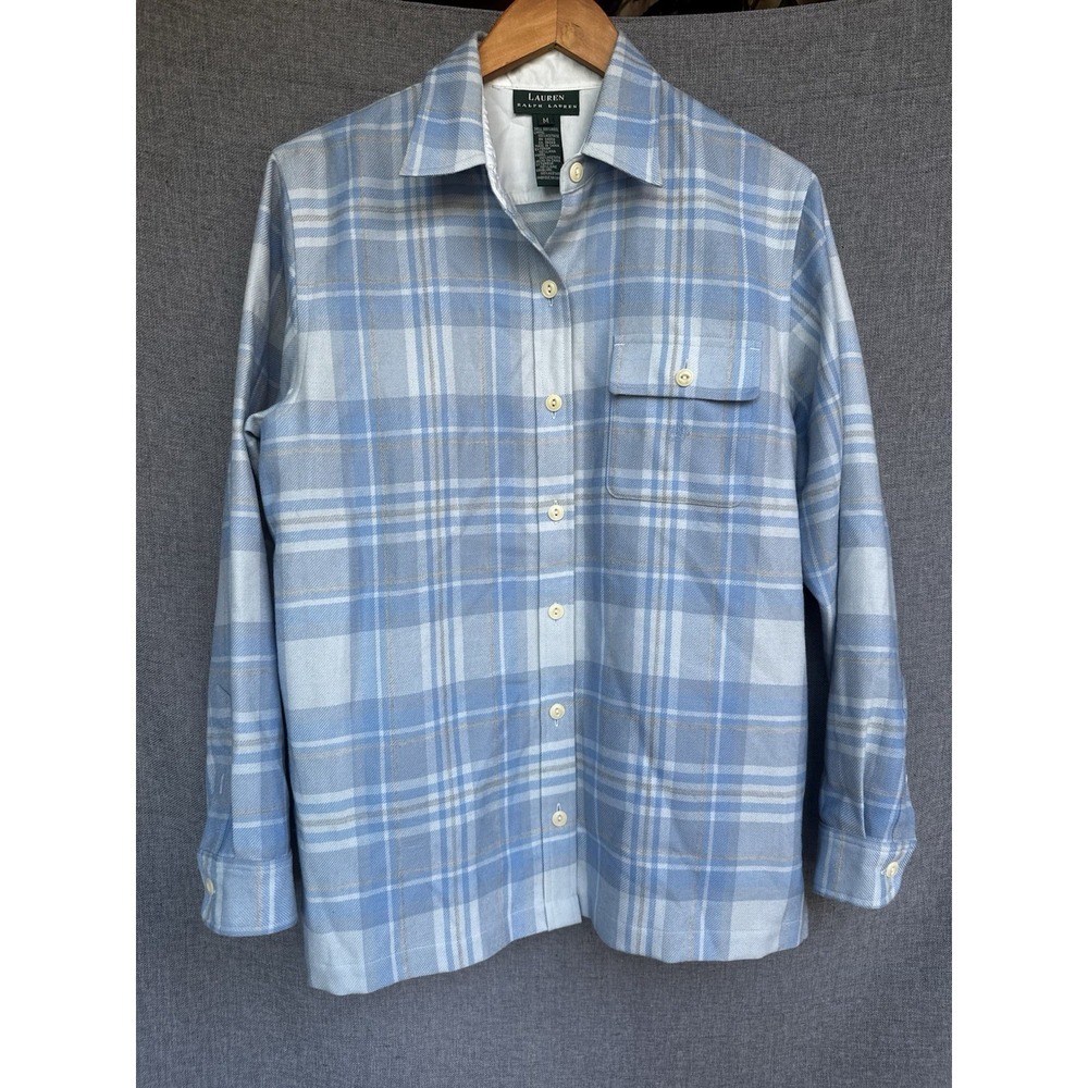 Womens M Lauren Ralph Lauren Blue Plaid Wool Button Down Shirt Jacket pocket